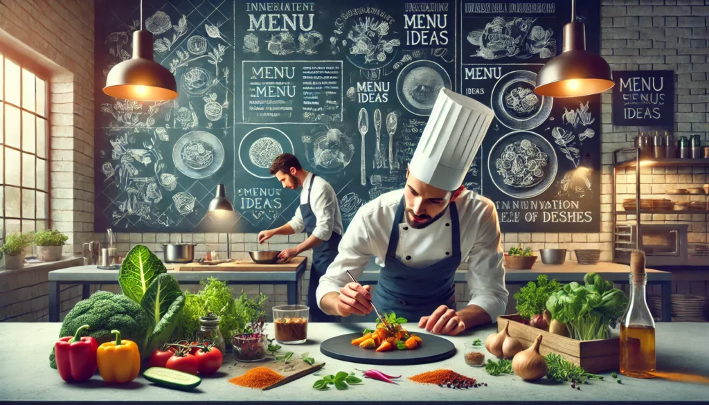 DALL·E 2025-01-13 06.35.30 - A detailed illustration of a chef meticulously designing a gourmet menu in a vibrant kitchen setting. The chef is surrounded by fresh ingredients like