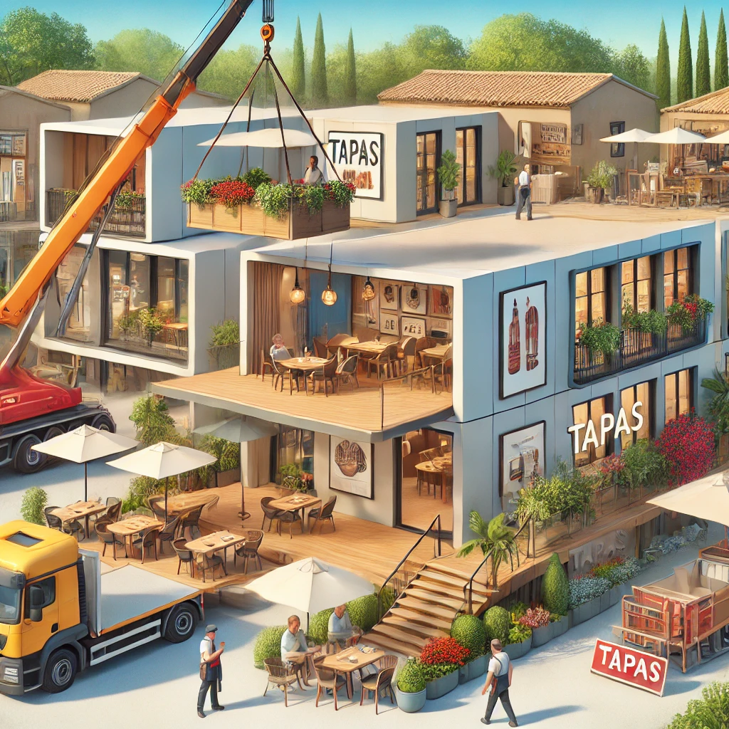 DALL·E 2025-01-16 06.19.45 - A high-quality illustration of a modular restaurant being constructed in Spain. The image shows prefabricated modules being placed by a crane, with wo
