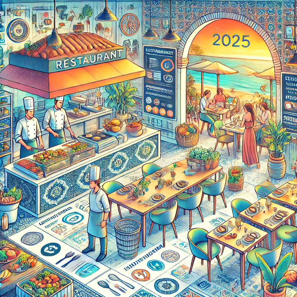 DALL·E 2025-01-17 08.02.37 - A vibrant and detailed illustration of a modern Spanish restaurant in 2025. The image features chefs preparing dishes in an open kitchen, a welcoming oferta gastronomica 2025