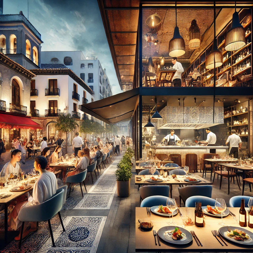 DALL·E 2025-01-19 06.33.53 - A visually compelling image of a bustling restaurant in Spain, showcasing both indoor and outdoor dining areas. The indoor section features modern déc restaurant-launch-in-Spain-