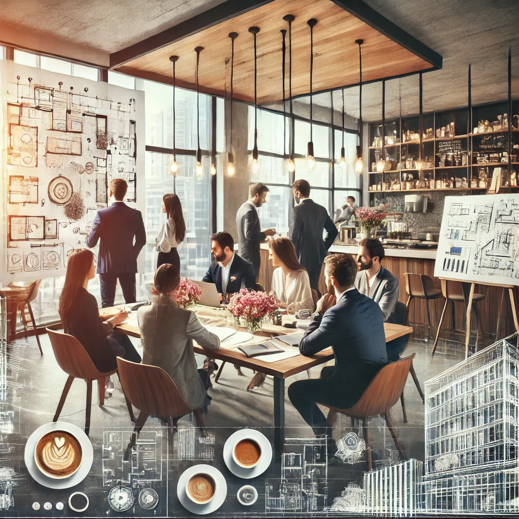 DALL·E 2025-01-19 06.34.46 - A high-quality image of a restaurant concept planning scene in Spain. The setting includes a group of professionals gathered around a large table with restaurant-launch-in-Spain- 2025