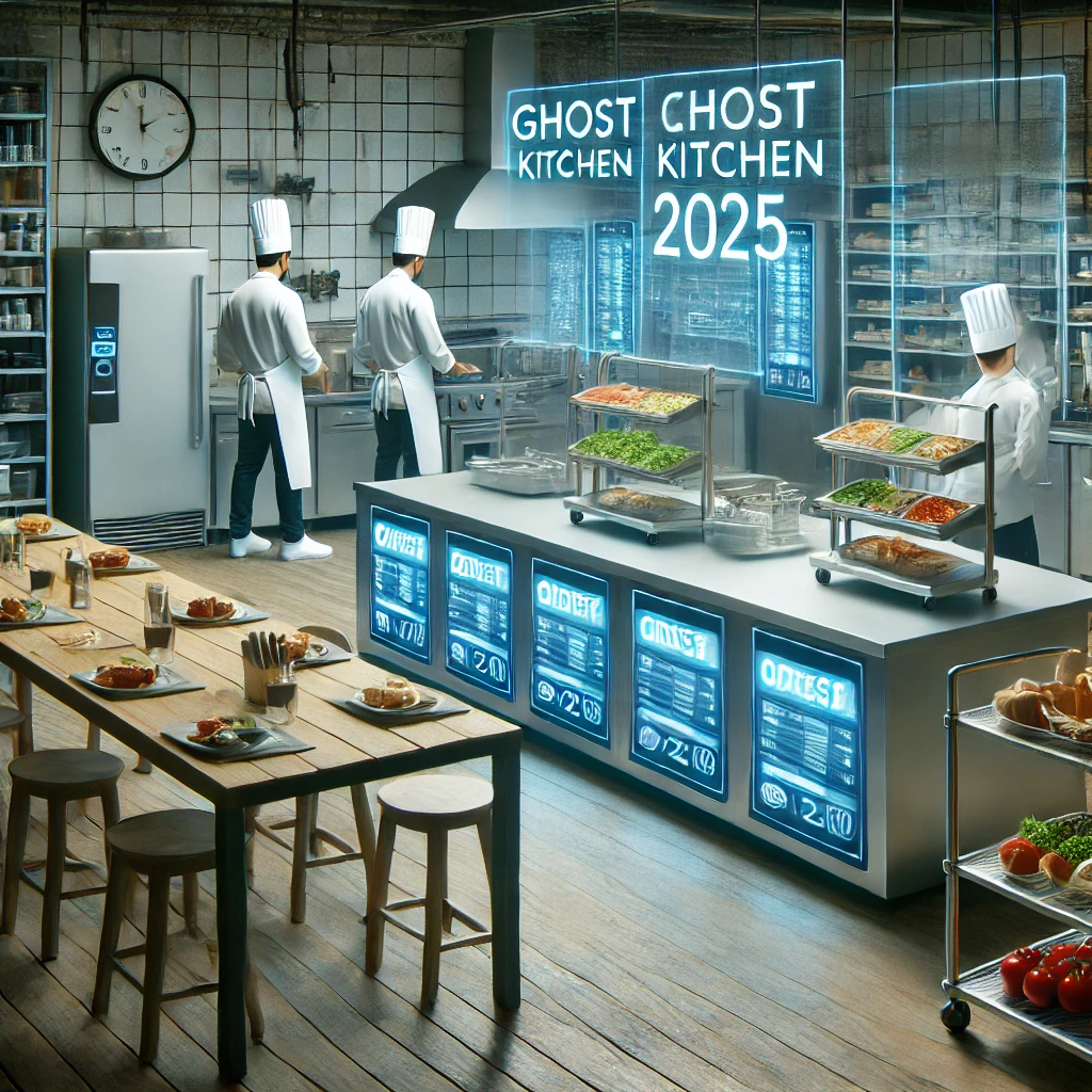 DALL·E 2025-01-27 07.05.41 - An efficient kitchen setup for a ghost kitchen in 2025, with chefs preparing meals for delivery. The environment is sleek and organized, with technolo Guia paso a paso para abrir un restaurante