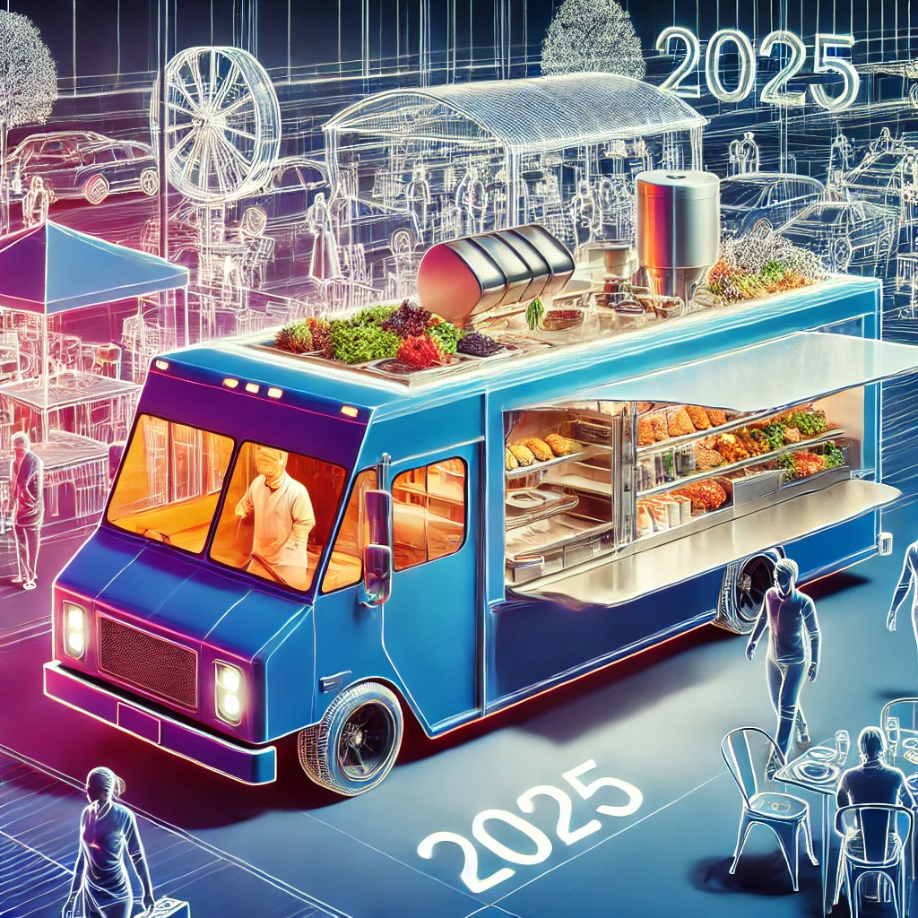DALL·E 2025-01-27 07.05.44 - A vibrant kitchen setup for a food truck in 2025, showing a sleek and modern truck parked at a busy event. The design highlights the flexibility and i Guia paso a paso para abrir un restaurante