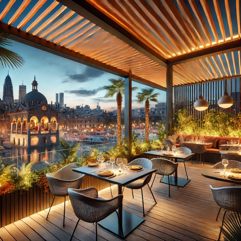 DALL·E 2025-01-27 07.05.48 - A modern restaurant terrace in Barcelona for 2025, featuring stylish outdoor seating, warm lighting, and a view of iconic city landmarks. The atmosphe Guia para abrir un restaurante